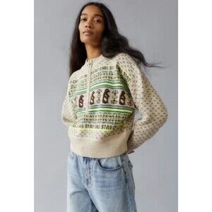 BDG Jesse Half-zip Sweater Penguin Stay Chill Beige Urban Outfitters NWT XS